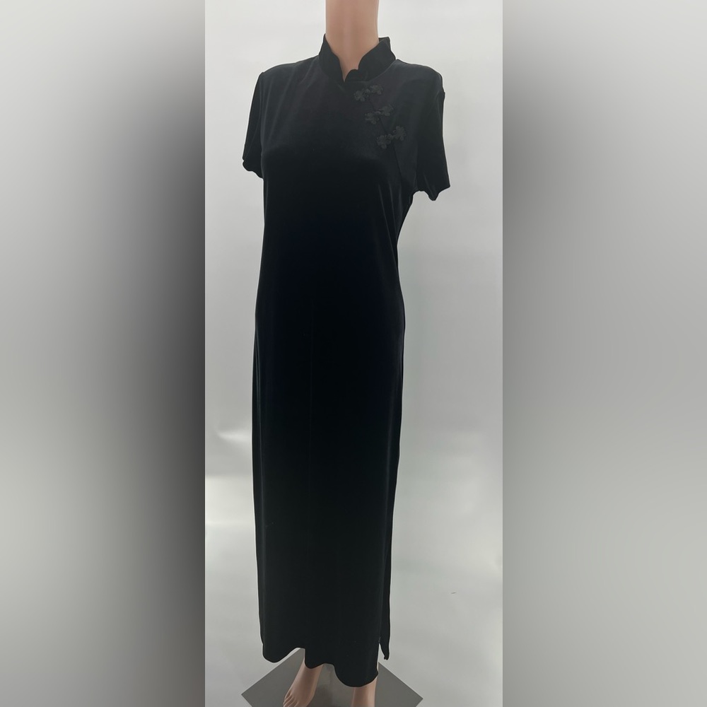 Social Circles Vintage Dress Long Black 90s Velvet Floral High Neck Short Sleeve